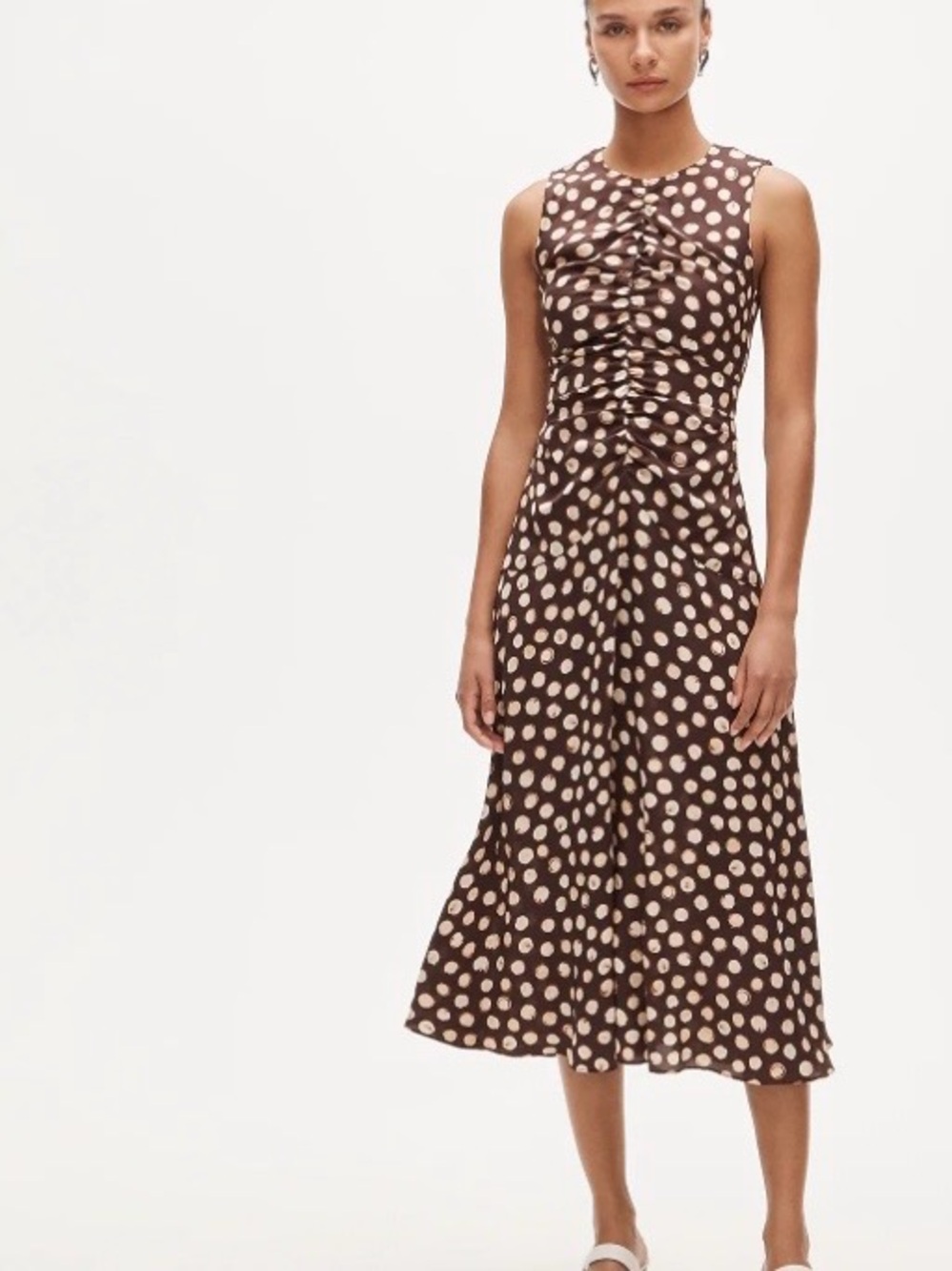 J.Crew Ruched Polka Dot Midi Dress Size 16 Brown Cream